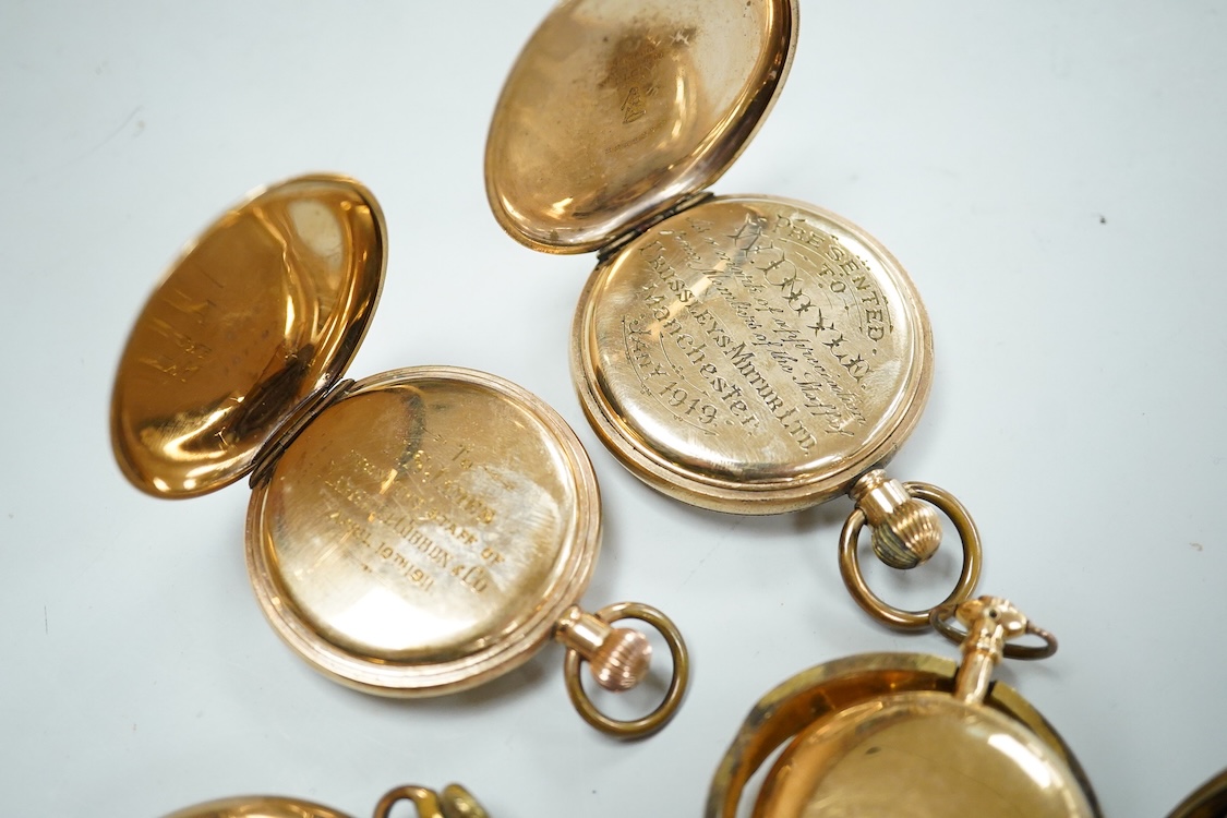 An early 19th century gilt metal pair cased keywind verge pocket watch by Matthew Derbyshire of Wakefield, with Roman dial, outer case diameter 48mm, lacking glass, together with four assorted gold plated pocket watches